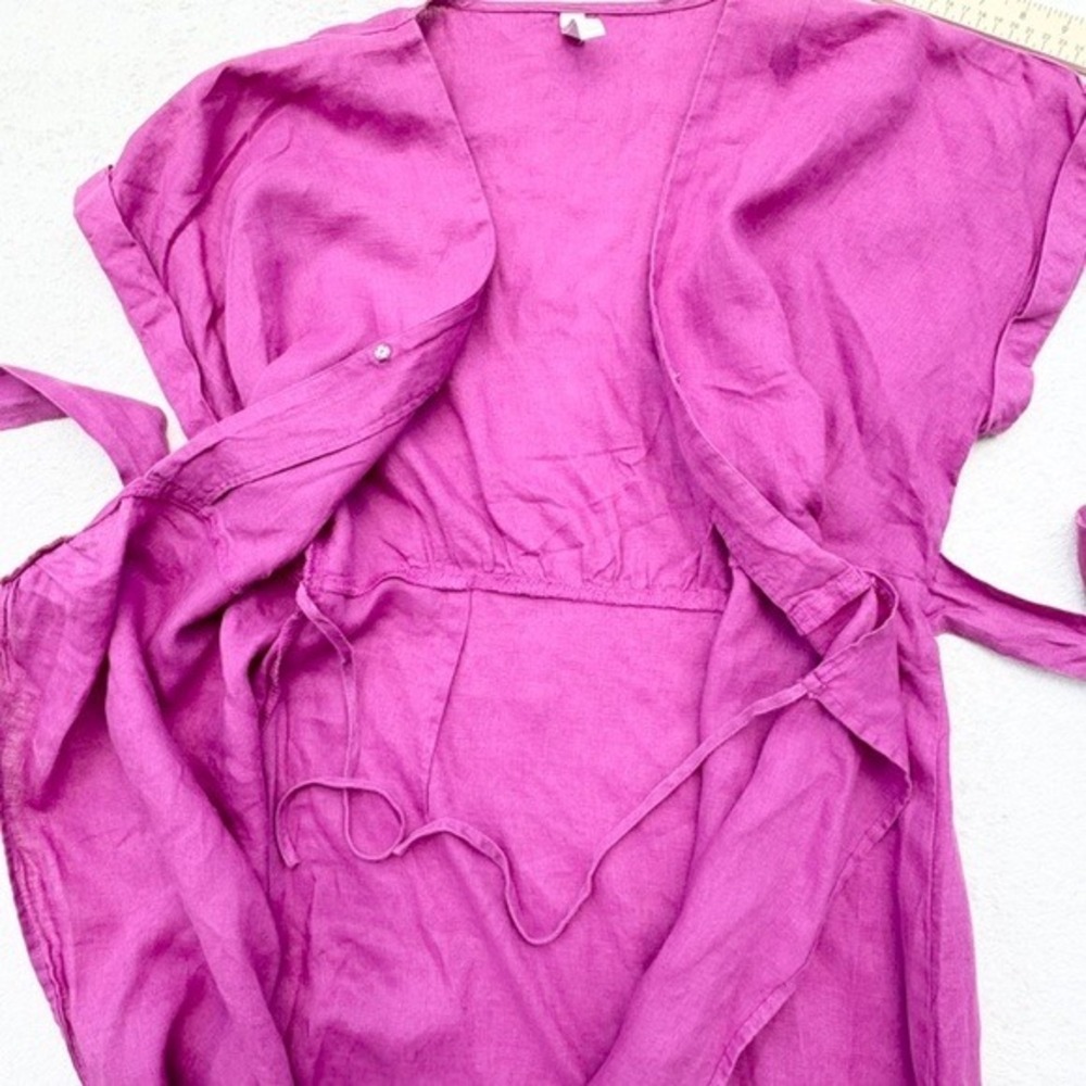 Mango Magenta Purple 100% Linen Wrap Midi Dress Size S V-Neck Side Tie - Picture 4 of 11